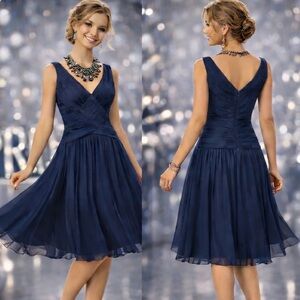 Tadashi Collection, Navy Silk Chiffon Pleated Cocktail Dress Elegant Size 8 EUC